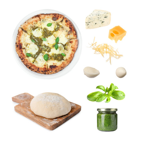 Delicious pizza and raw ingredients isolated on white, collageの写真素材