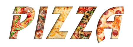Word Pizza made of letters with different pizzas inside on white background. Banner designの写真素材