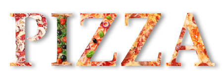 Word Pizza made of letters with different pizzas inside on white background. Banner designの写真素材