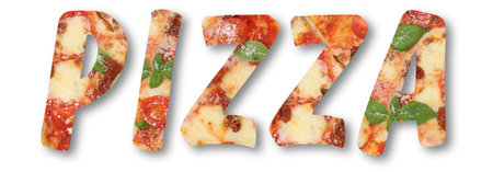 Word Pizza made of letters with pizza inside on white background. Banner designの写真素材