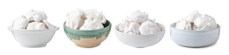 Yummy meringue cookies in bowls isolated on white, collageの写真素材