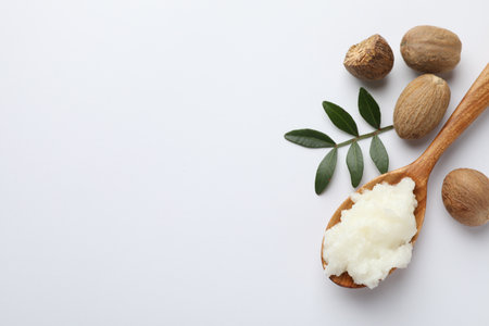 Shea butter, nuts and leaves on white background, flat lay. Space for textの写真素材