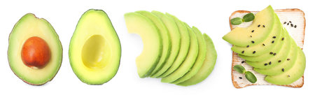 Fresh avocado and sandwich isolated on white, collageの写真素材