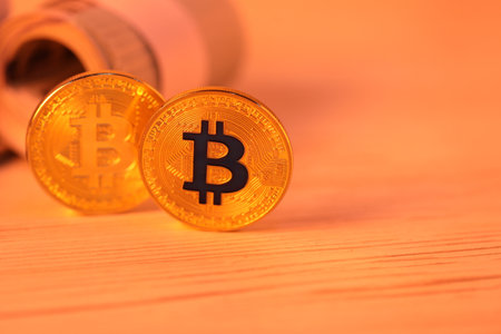Cryptocurrency. Bitcoins and dollar banknotes on wooden table, closeup. Space for textの写真素材