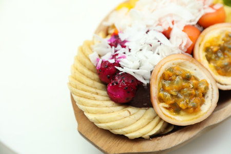 Different fresh fruits on white table, closeup. Space for textの写真素材