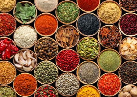 Set of different aromatic spices in bowls on black background, flat layの写真素材