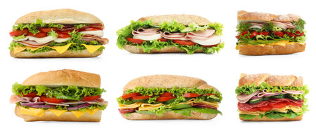 Delicious baguette sandwiches with different fillings isolated on white, collageの写真素材