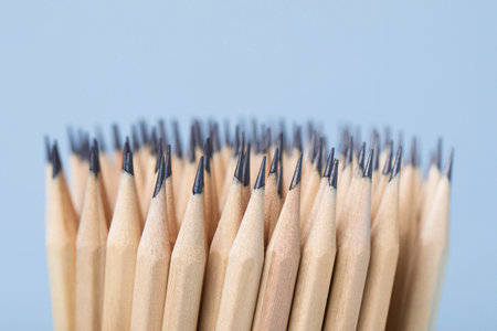 Many graphite pencils on gray background, closeupの写真素材