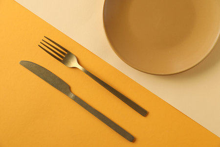 Plate and cutlery on color background, flat layの写真素材