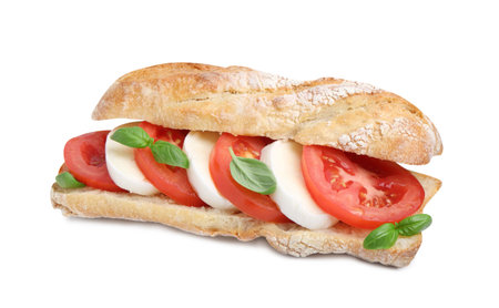 Tasty sandwich with mozzarella cheese, tomatoes and basil isolated on whiteの写真素材