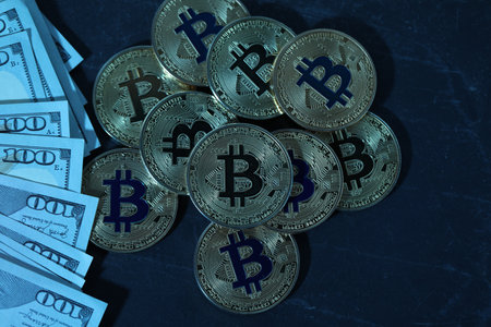 Cryptocurrency. Bitcoins and dollar banknotes on black table, flat layの写真素材