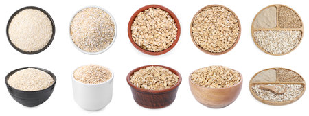 Oat bran, whole grains and rolled flakes isolated on white, set. Top and side viewの写真素材