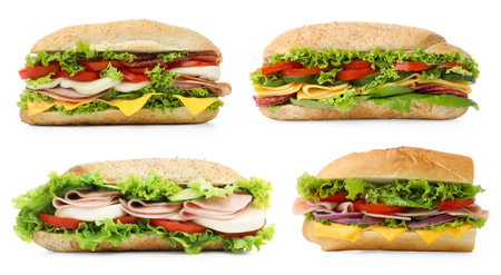 Delicious baguette sandwiches with different fillings isolated on white, collageの写真素材