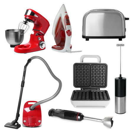 Stand mixer and other household appliances isolated on white, setの写真素材