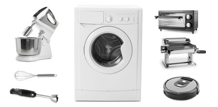 Stand mixer and other household appliances isolated on white, set