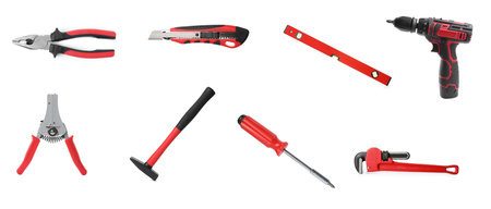 Different construction tools on white background, collage