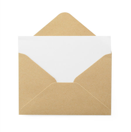 Blank invitation card and envelope isolated on white, top view. Space for designの写真素材