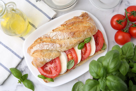 Tasty sandwich with mozzarella cheese, tomatoes and basil on white marble table, flat layの写真素材