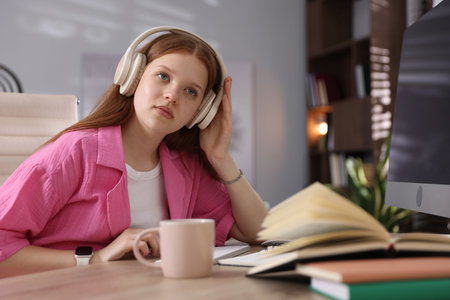 Teenage student in headphones studying at table indoors