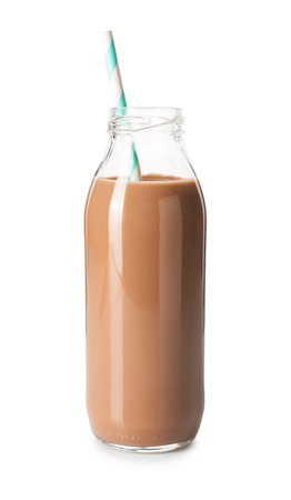 Tasty chocolate milk in glass bottle isolated on whiteの写真素材
