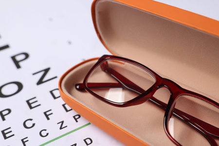 Glasses in case on vision test chart, closeup