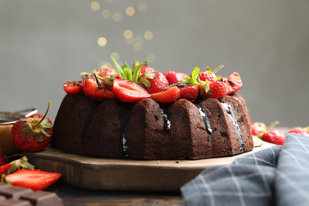 Delicious chocolate bundt cake with strawberries and mint on table against grey background, closeup