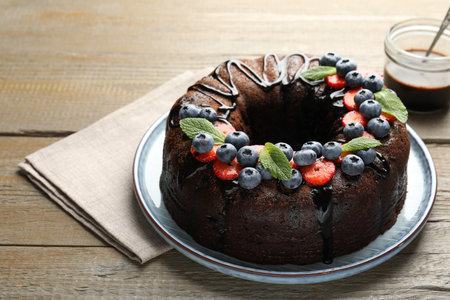 Delicious chocolate bundt cake with strawberries, mint and blueberries on wooden table, closeupの写真素材