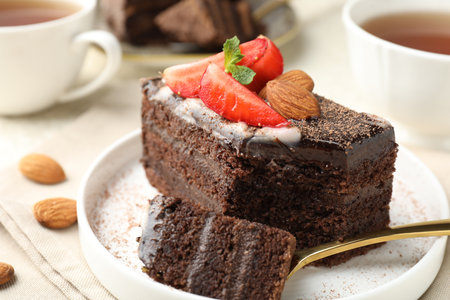 Piece of delicious chocolate cake with strawberry, almonds and tea on table, closeupの写真素材