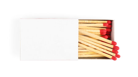 Matches in box isolated on white, top view. Mockup for designの写真素材