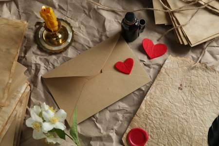 Flat lay composition with love letters on tableの写真素材
