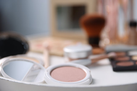 Different makeup products on white table indoors, closeupの写真素材
