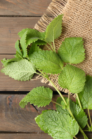 Fresh lemon balm leaves on wooden table, top viewの写真素材