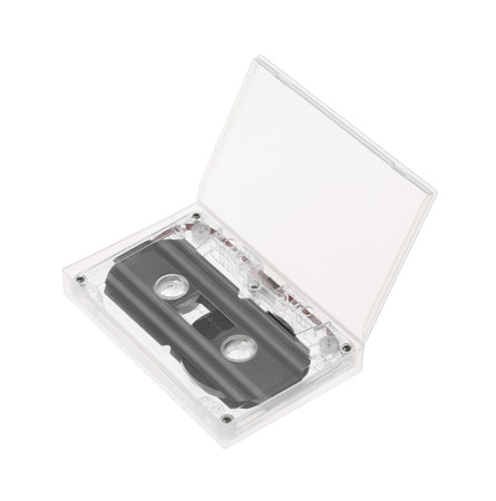 Audio cassette in open box isolated on whiteの写真素材