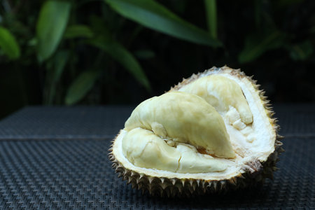 Fresh ripe durian on wicker table outdoors, closeup. Space for textの写真素材