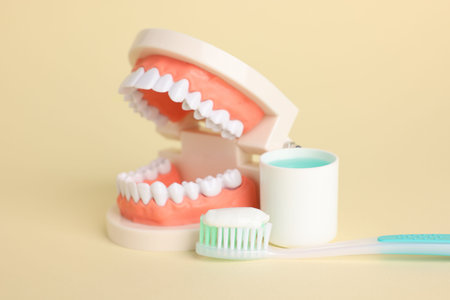 Different oral care products and dental model on beige background, closeup