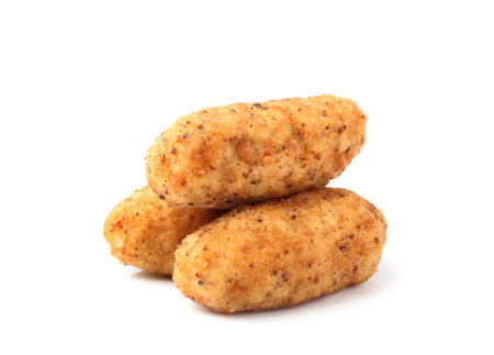 Tasty fried golden croquettes isolated on whiteの写真素材