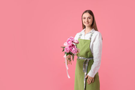 Florist with beautiful peonies on pink background, space for textの写真素材