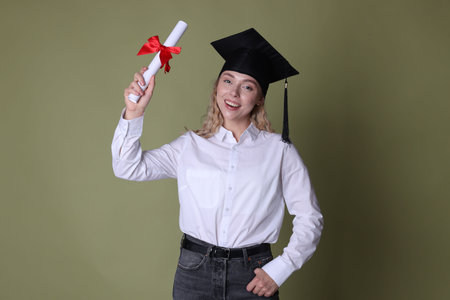 Happy student with diploma after graduation on green backgroundの写真素材