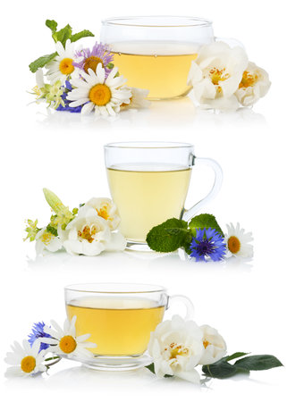 Herbal tea in glass cups and fresh herbs isolated on white, collageの写真素材
