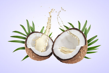 Coconut oil splashing out of nut on light backgroundの写真素材
