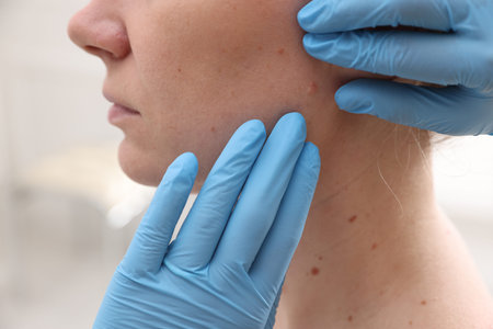 Doctor examining woman's moles in hospital, closeup