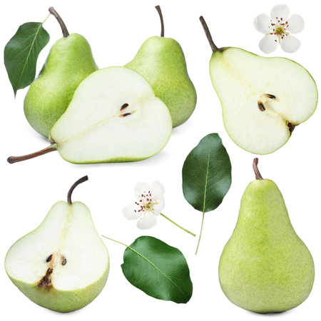 Fresh pears and green leaves on white background, collageの写真素材