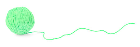 Ball of bright green knitting yarn on white backgroundの写真素材