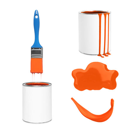 Orange paint. Collage with cans, splash and brush on white backgroundの写真素材