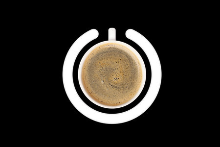 Cup of coffee and circle combined into power symbol on black background, top viewの写真素材