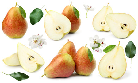 Fresh pears and green leaves on white background, collage