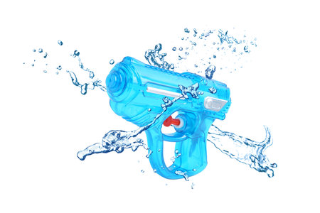 Water gun and splashing water on white background