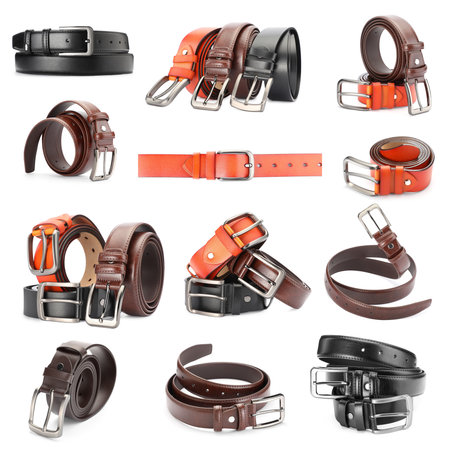 Different leather belts on white background, collageの写真素材