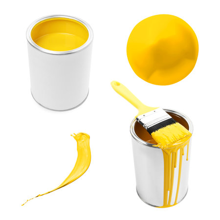 Yellow paint. Collage with can, drop, splash and brush on white backgroundの写真素材