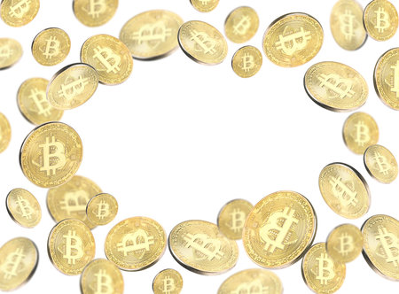 Cryptocurrency. Golden bitcoins flying on white backgroundの写真素材